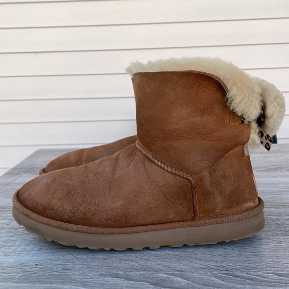 UGG Mini Bailey Bow II Exotic Leopard Print Tan Suede Womens Boots Size 10 - Picture 8 of 12